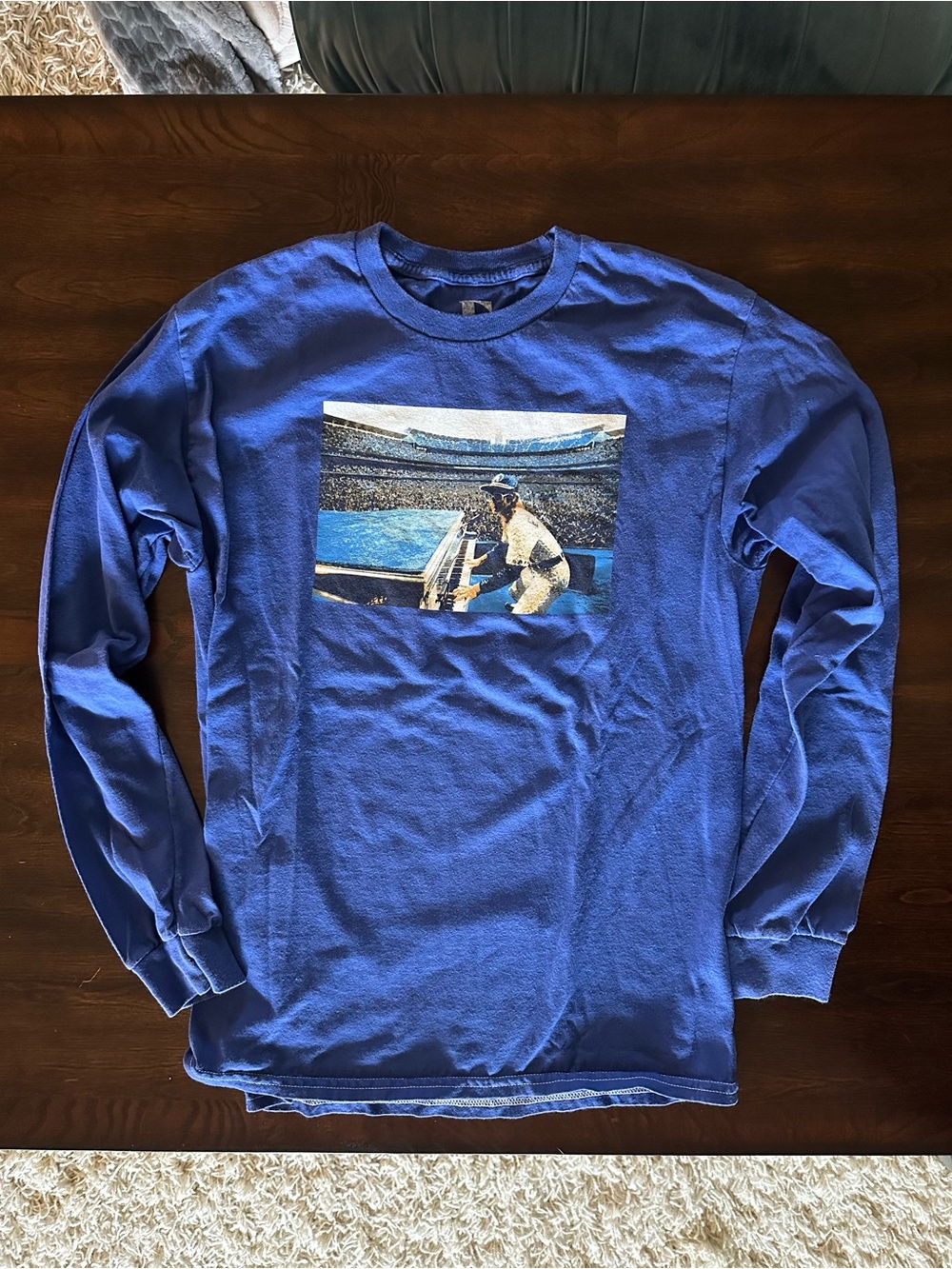Men's Blue Long-Sleeve Graphic Tee with Elton John LA Dodgers Stadium Photo
